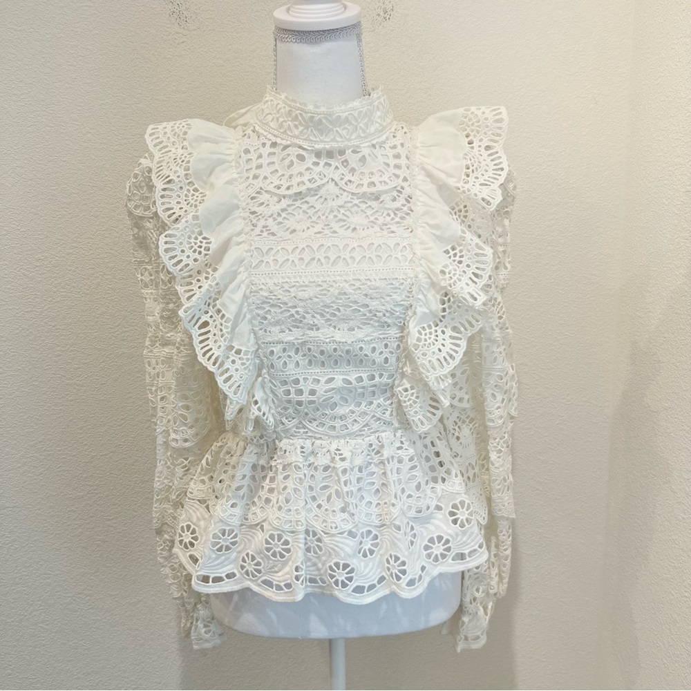 Sea New York White Eyelet Lace Open Back Top Ruffle Long Sleeve Sz 4